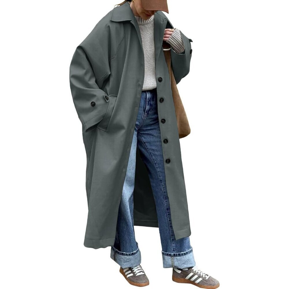 Women Grey Long Trench Coat Single Breasted Oversized Windproof Fall Overcoat